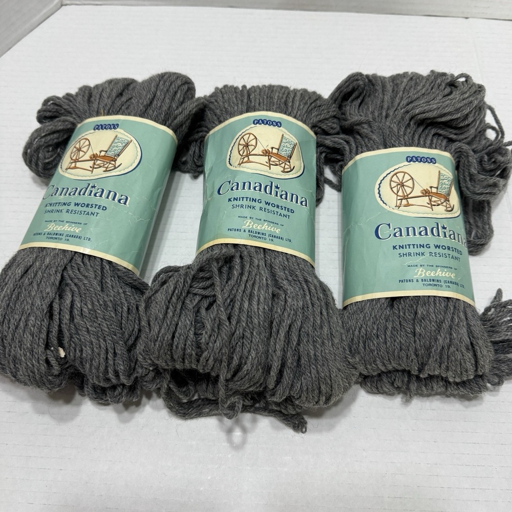 Lot 3 Vtg PATONS Canadiana Medium Grey 2 Oz 100% Wool Shrink Resistant